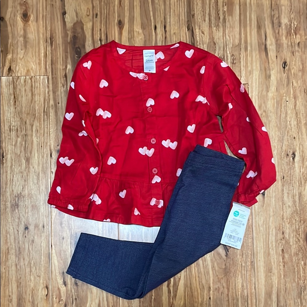 Carters Red Heart Button-Up Shirt and Leggings
